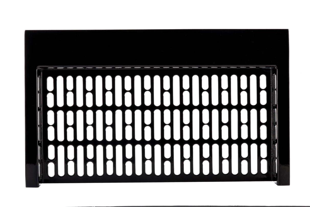 A black rectangular metal vent cover, crafted from Duracoat coated cast aluminum, features a grid of evenly spaced, vertical oval-shaped holes. The smooth solid edges frame the perforated center section. The photo is taken against a white background.