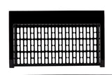 A black rectangular metal vent cover, crafted from Duracoat coated cast aluminum, features a grid of evenly spaced, vertical oval-shaped holes. The smooth solid edges frame the perforated center section. The photo is taken against a white background.