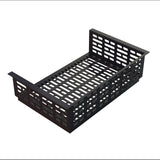 A black rectangular cast aluminum tray with perforated sides and bottom featuring oval-shaped slots. With open ends on the shorter sides, this drop-in template is ideal for organizing or holding items in shelving or storage systems.