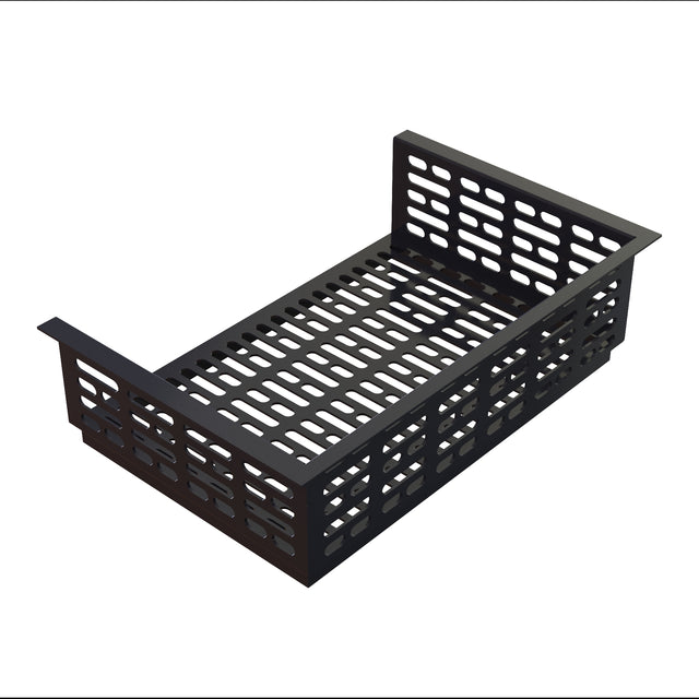 A black metal cable tray with rectangular cutouts on the sides and base, used for organizing and supporting cables. Featuring a drop-in template design, the tray is open at the top and one end, shown on a white background.