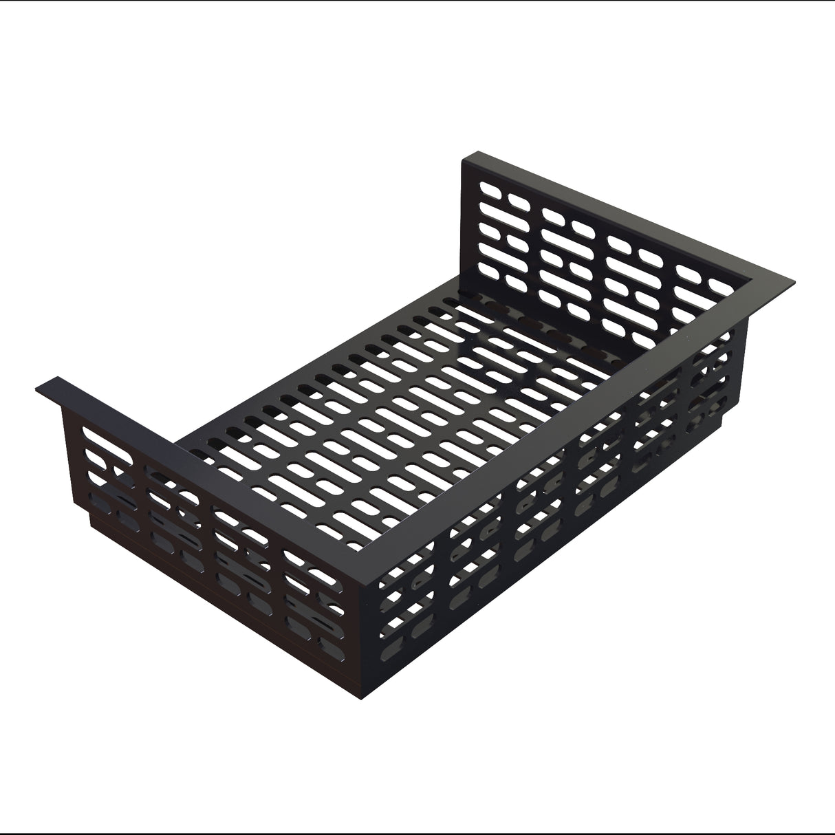 A black cast aluminum rectangular tray with perforated sides and base, featuring elongated rectangular cutouts. The two short sides and two taller, perpendicular sides create a basket-like shape—perfect for cold holding. The background is plain white.