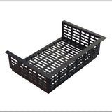 A black cast aluminum rectangular tray with perforated sides and base, featuring elongated rectangular cutouts. The two short sides and two taller, perpendicular sides create a basket-like shape—perfect for cold holding. The background is plain white.