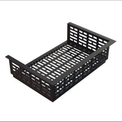 A black cast aluminum rectangular tray with perforated sides and base, featuring elongated rectangular cutouts. The two short sides and two taller, perpendicular sides create a basket-like shape—perfect for cold holding. The background is plain white.