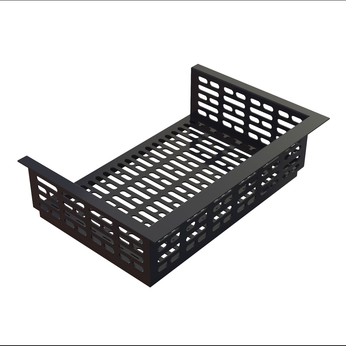 A black metal rectangular cable management tray with perforated slots on all sides, designed for mounting under a desk to organize and conceal wires and cords. Its cast aluminum side panels extend outward for easy installation.