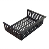 A black metal rectangular cable management tray with perforated slots on all sides, designed for mounting under a desk to organize and conceal wires and cords. Its cast aluminum side panels extend outward for easy installation.