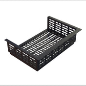 A black metal rectangular cable management tray with perforated slots on all sides, designed for mounting under a desk to organize and conceal wires and cords. Its cast aluminum side panels extend outward for easy installation.