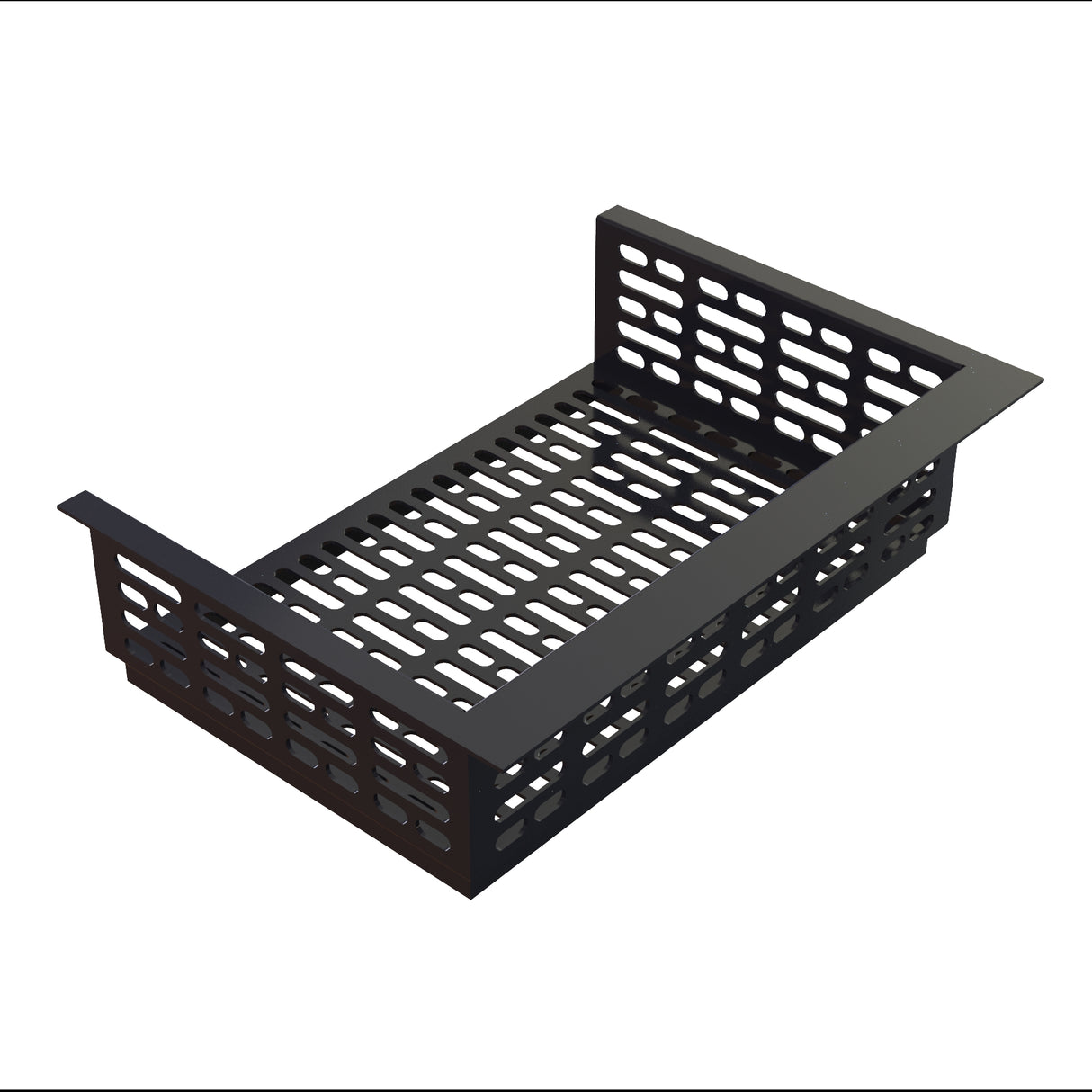 A black metal cable management tray with rectangular cutouts on the sides and base. Featuring a drop-in template design, it mounts under a desk or inside a rack to organize and support cables efficiently.