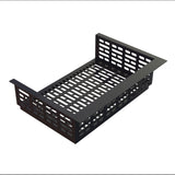 A black metal cable management tray with rectangular cutouts on the sides and base. Featuring a drop-in template design, it mounts under a desk or inside a rack to organize and support cables efficiently.