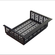 A black metal cable management tray with rectangular cutouts on the sides and base. Featuring a drop-in template design, it mounts under a desk or inside a rack to organize and support cables efficiently.