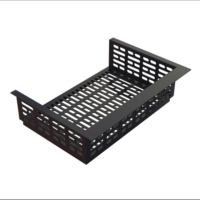 A black metal cable management tray with rectangular cutouts on the sides and base. Featuring a drop-in template design, it mounts under a desk or inside a rack to organize and support cables efficiently.