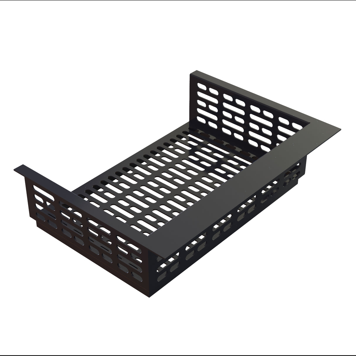 A black, rectangular Duracoat coated cast aluminum tray with perforated sides and base, featuring evenly spaced horizontal slots. One side has an extended flat lip for mounting or attachment. The tray is placed on a white background.