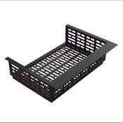 A black, rectangular Duracoat coated cast aluminum tray with perforated sides and base, featuring evenly spaced horizontal slots. One side has an extended flat lip for mounting or attachment. The tray is placed on a white background.