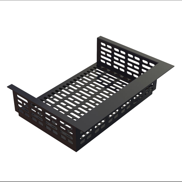 A black, rectangular Duracoat coated cast aluminum tray with perforated sides and base, featuring evenly spaced horizontal slots. One side has an extended flat lip for mounting or attachment. The tray is placed on a white background.