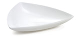 A glossy, white, triangular ceramic plate with gently curved edges, photographed on a white background. The plate’s modern, minimalist design features smooth, clean lines and a shallow depth—perfect for cold holding or pairing with your favorite bowl.