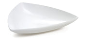 A glossy, white, triangular ceramic plate with gently curved edges, photographed on a white background. The plate’s modern, minimalist design features smooth, clean lines and a shallow depth—perfect for cold holding or pairing with your favorite bowl.