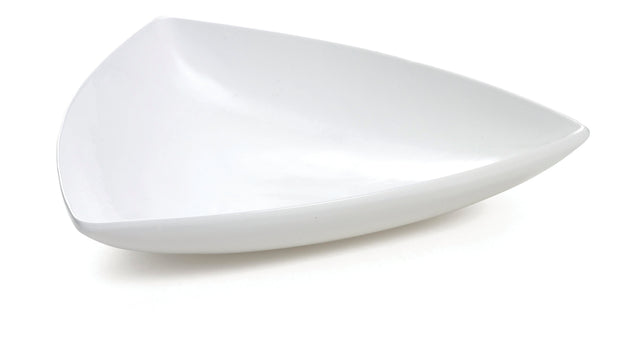 A glossy, white, triangular ceramic plate with gently curved edges, photographed on a white background. The plate’s modern, minimalist design features smooth, clean lines and a shallow depth—perfect for cold holding or pairing with your favorite bowl.