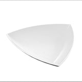 A clean, empty, white triangular ceramic plate with slightly curved edges sits on a plain white background. Its smooth and glossy surface resembles that of a bowl, and it is photographed from a slightly elevated angle.