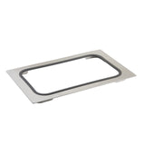 A rectangular stainless steel serveware lid frame with rounded corners, featuring a central cutout bordered by a dark gray rubber gasket; this dishwasher safe frame lies flat against a white background.