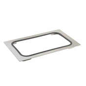 A rectangular stainless steel serveware lid frame with rounded corners, featuring a central cutout bordered by a dark gray rubber gasket; this dishwasher safe frame lies flat against a white background.