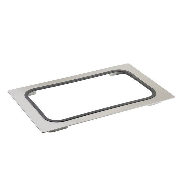A rectangular stainless steel serveware lid frame with rounded corners, featuring a central cutout bordered by a dark gray rubber gasket; this dishwasher safe frame lies flat against a white background.