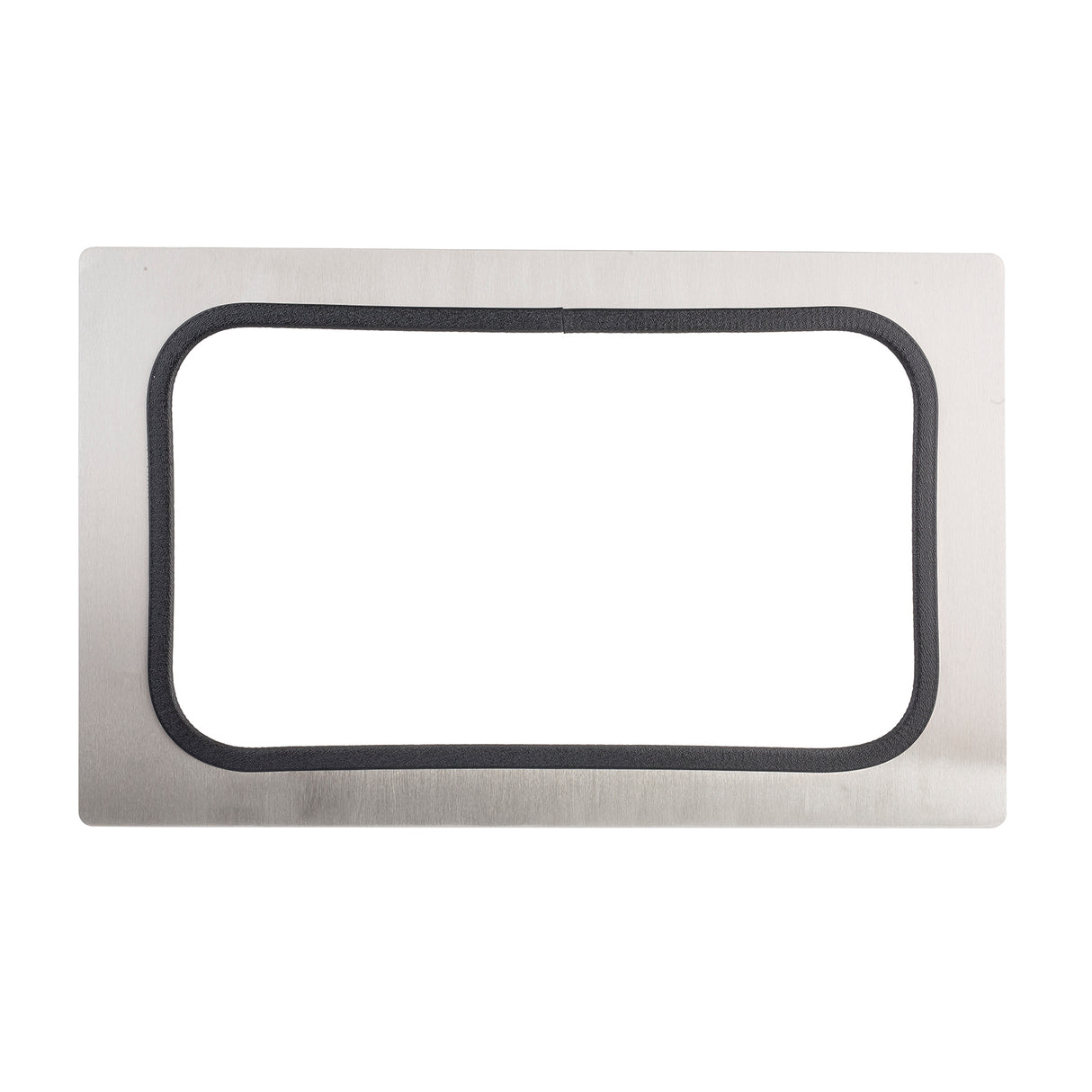 A rectangular stainless steel serveware frame with rounded corners and a black rubber or foam lining along the inner edge. The center is cut out, revealing an open space, and the smooth, reflective surface stands out against a plain white background.