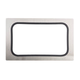 A rectangular stainless steel serveware frame with rounded corners and a black rubber or foam lining along the inner edge. The center is cut out, revealing an open space, and the smooth, reflective surface stands out against a plain white background.