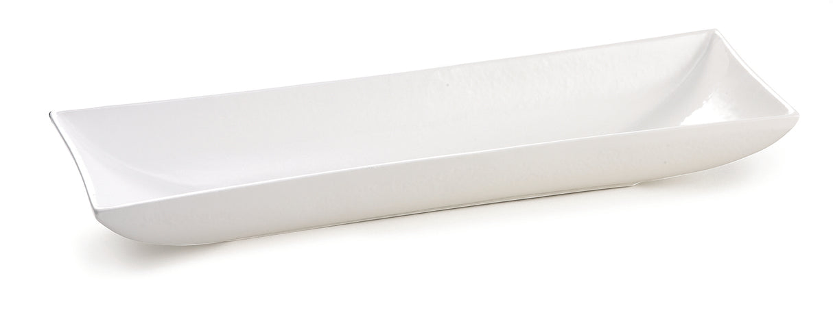 A long, rectangular white ceramic serving platter with gently curved, slightly upturned edges and a glossy finish, viewed on a white background. The plate is empty, has a modern, minimalist design, and is dishwasher safe.