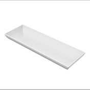 A rectangular, white ceramic serving platter with slightly raised edges, displayed on a plain white background. This glossy platter features clean, modern lines and is dishwasher safe for easy cleanup.