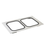 A rectangular stainless steel serveware plate with two large, rounded rectangular cutouts side by side, featuring black rubber or silicone edging around each cutout. The plate is photographed on a white background.