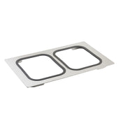 A rectangular stainless steel serveware plate with two large, rounded rectangular cutouts side by side, featuring black rubber or silicone edging around each cutout. The plate is photographed on a white background.
