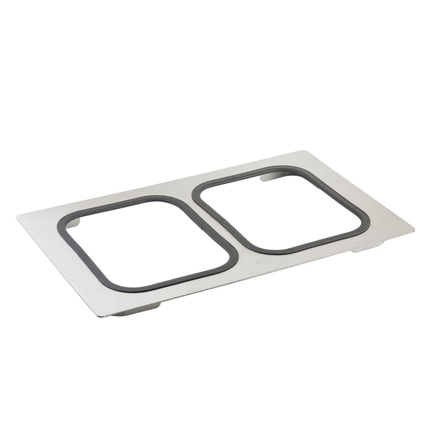 A rectangular stainless steel serveware plate with two large, rounded rectangular cutouts side by side, featuring black rubber or silicone edging around each cutout. The plate is photographed on a white background.