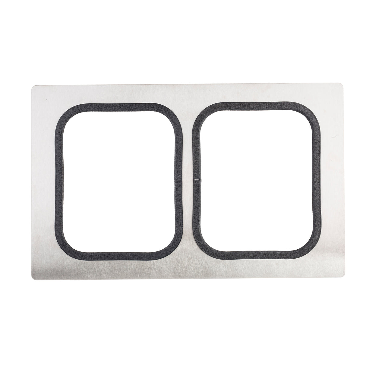 A rectangular stainless steel plate with two side-by-side rounded rectangular cutouts outlined in black. The brushed surface and simple, industrial design make it ideal for Tri-Ply Serveware Templates. Photographed against a white background.