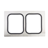 A rectangular stainless steel plate with two side-by-side rounded rectangular cutouts outlined in black. The brushed surface and simple, industrial design make it ideal for Tri-Ply Serveware Templates. Photographed against a white background.