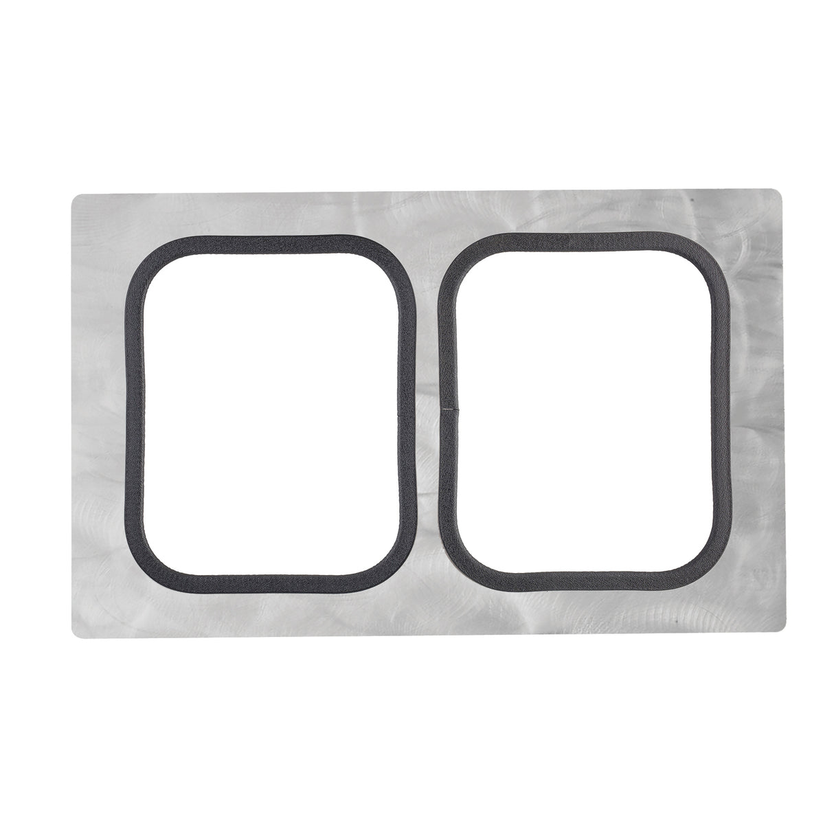 A rectangular metal panel with a brushed texture features two adjacent, rounded-rectangle cutouts outlined with dark silicone gaskets, presented against a white background.