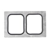 A rectangular metal panel with a brushed texture features two adjacent, rounded-rectangle cutouts outlined with dark silicone gaskets, presented against a white background.