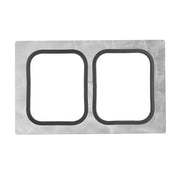 A rectangular metal panel with a brushed texture features two adjacent, rounded-rectangle cutouts outlined with dark silicone gaskets, presented against a white background.
