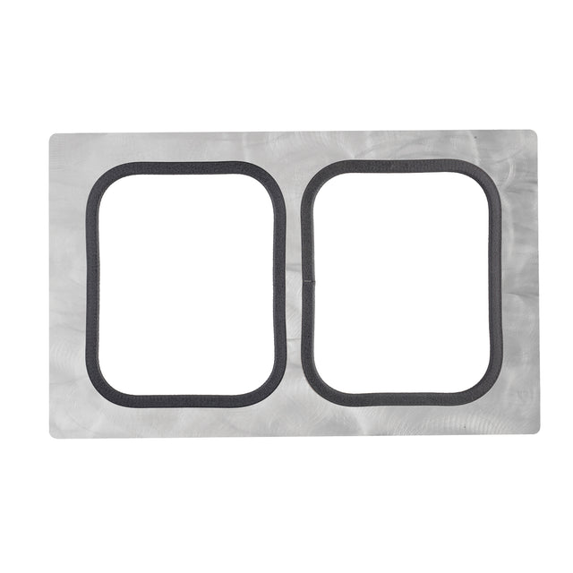 A rectangular metal panel with a brushed texture features two adjacent, rounded-rectangle cutouts outlined with dark silicone gaskets, presented against a white background.