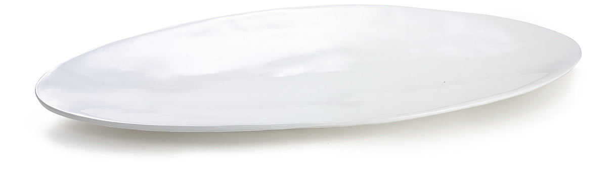 A large, glossy white ceramic platter with an irregular, organic oval shape and gently curved edges, photographed on a plain white background.
