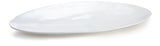 A large, glossy white ceramic platter with an irregular, organic oval shape and gently curved edges, photographed on a plain white background.