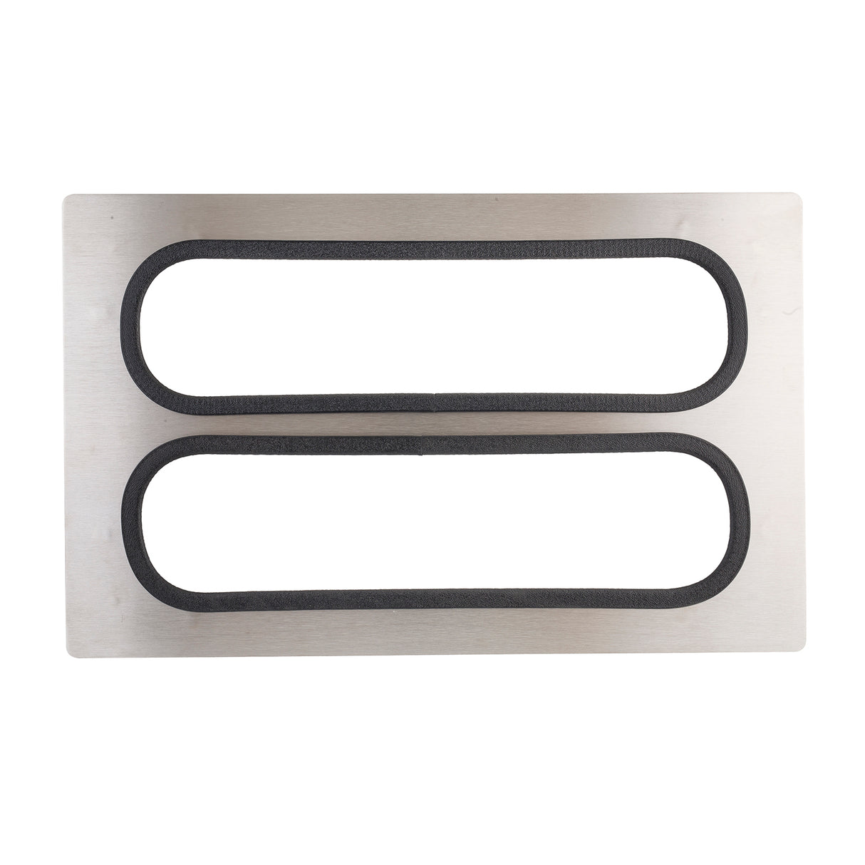 A rectangular stainless steel serveware plate with two elongated oval openings, each outlined by a black rubber or foam gasket, arranged horizontally and parallel to each other on the silver surface. Dishwasher safe.