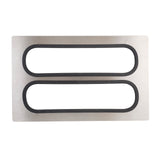 A rectangular stainless steel serveware plate with two elongated oval openings, each outlined by a black rubber or foam gasket, arranged horizontally and parallel to each other on the silver surface. Dishwasher safe.