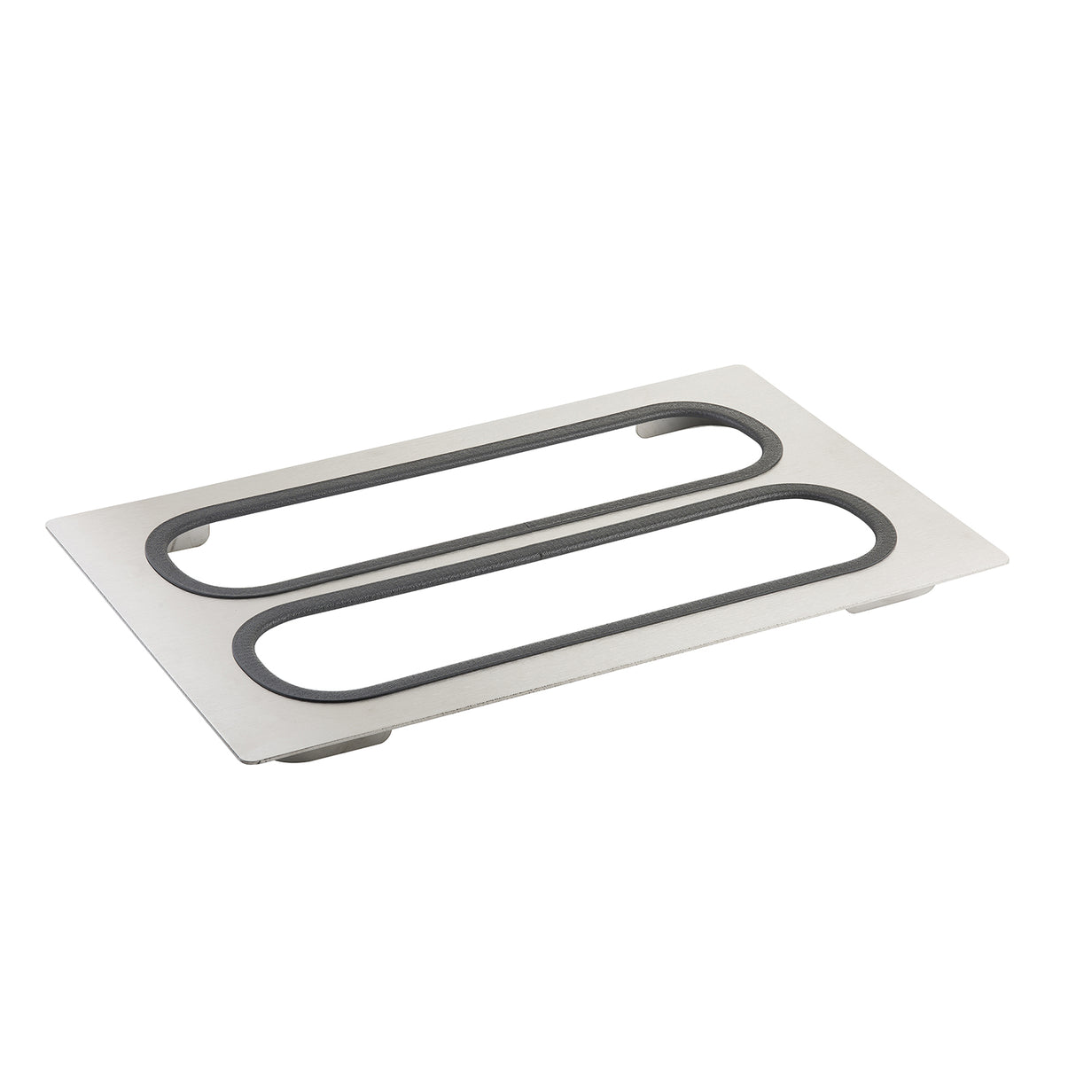 A rectangular stainless steel serveware plate with two elongated oval cutouts and a black rubber or silicone lining around the inner edges, laying flat on a white background. The dishwasher safe plate features slightly raised corners.