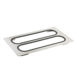 A rectangular stainless steel serveware plate with two elongated oval cutouts and a black rubber or silicone lining around the inner edges, laying flat on a white background. The dishwasher safe plate features slightly raised corners.