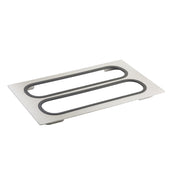 A rectangular stainless steel serveware plate with two elongated oval cutouts and a black rubber or silicone lining around the inner edges, laying flat on a white background. The dishwasher safe plate features slightly raised corners.