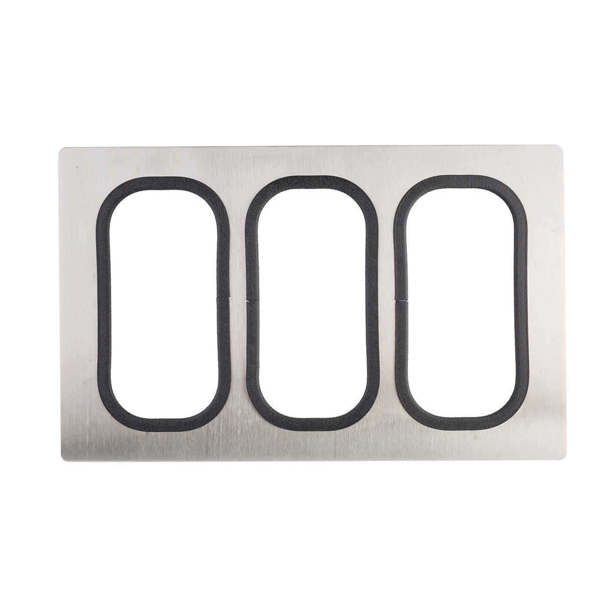 A rectangular stainless steel plate with three evenly spaced, vertical oval cutouts lined in black. The plate has a brushed steel finish and rounded corners, typical of Tri-Ply Serveware Templates, laying flat against a white background.