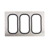 A rectangular stainless steel plate with three evenly spaced, vertical oval cutouts lined in black. The plate has a brushed steel finish and rounded corners, typical of Tri-Ply Serveware Templates, laying flat against a white background.