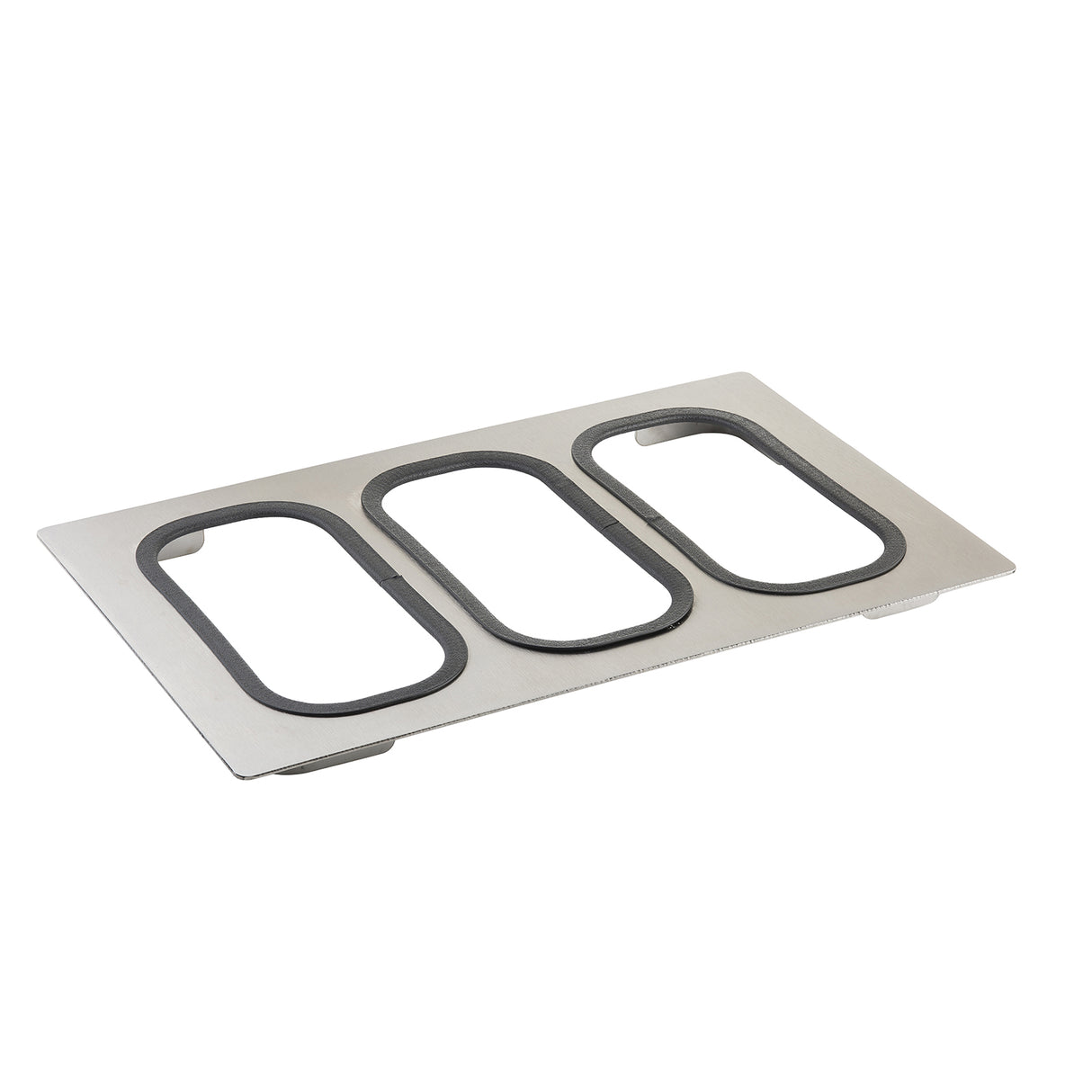 A rectangular stainless steel tray from the Tri-Ply Serveware Templates collection, featuring three large rounded rectangular cutouts with black rubber or silicone edges. The tray is angled to showcase its flat, smooth, and dishwasher safe design.