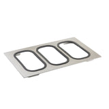A rectangular stainless steel tray from the Tri-Ply Serveware Templates collection, featuring three large rounded rectangular cutouts with black rubber or silicone edges. The tray is angled to showcase its flat, smooth, and dishwasher safe design.