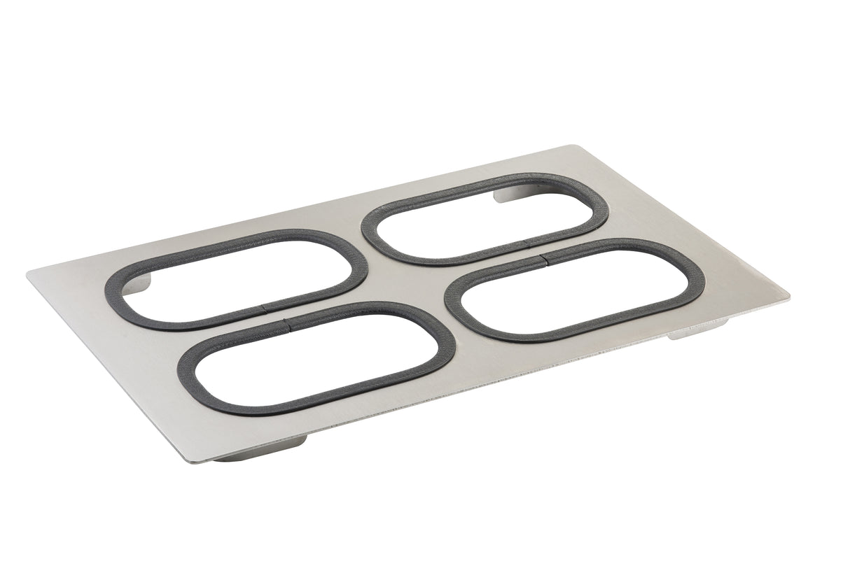 A rectangular Tri-Ply Serveware Template in stainless steel features four large, evenly spaced oval cutouts with black, textured rubber linings. Resting on small feet, it's modern, utilitarian, and dishwasher safe for easy cleaning.
