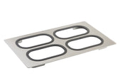 A rectangular Tri-Ply Serveware Template in stainless steel features four large, evenly spaced oval cutouts with black, textured rubber linings. Resting on small feet, it's modern, utilitarian, and dishwasher safe for easy cleaning.